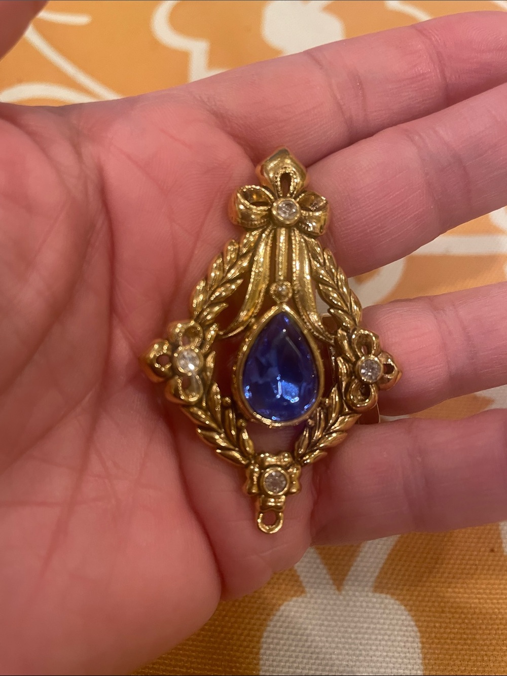 Avon Gold-Tone Brooch with Deep Blue Teardrop Crystal